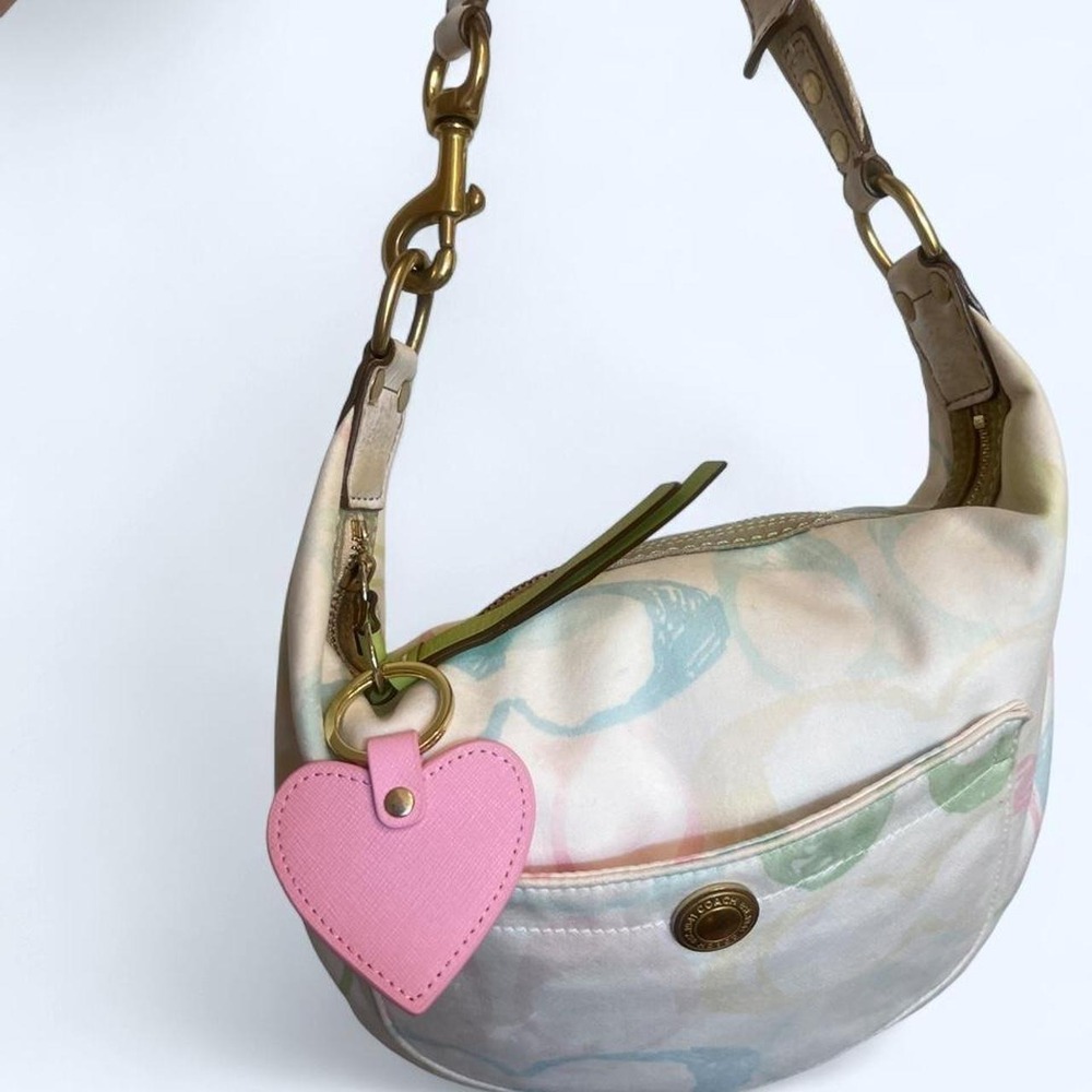 Coach Hamptons Scribble Hobo pastel shoulder bag brass hardware green suede trim